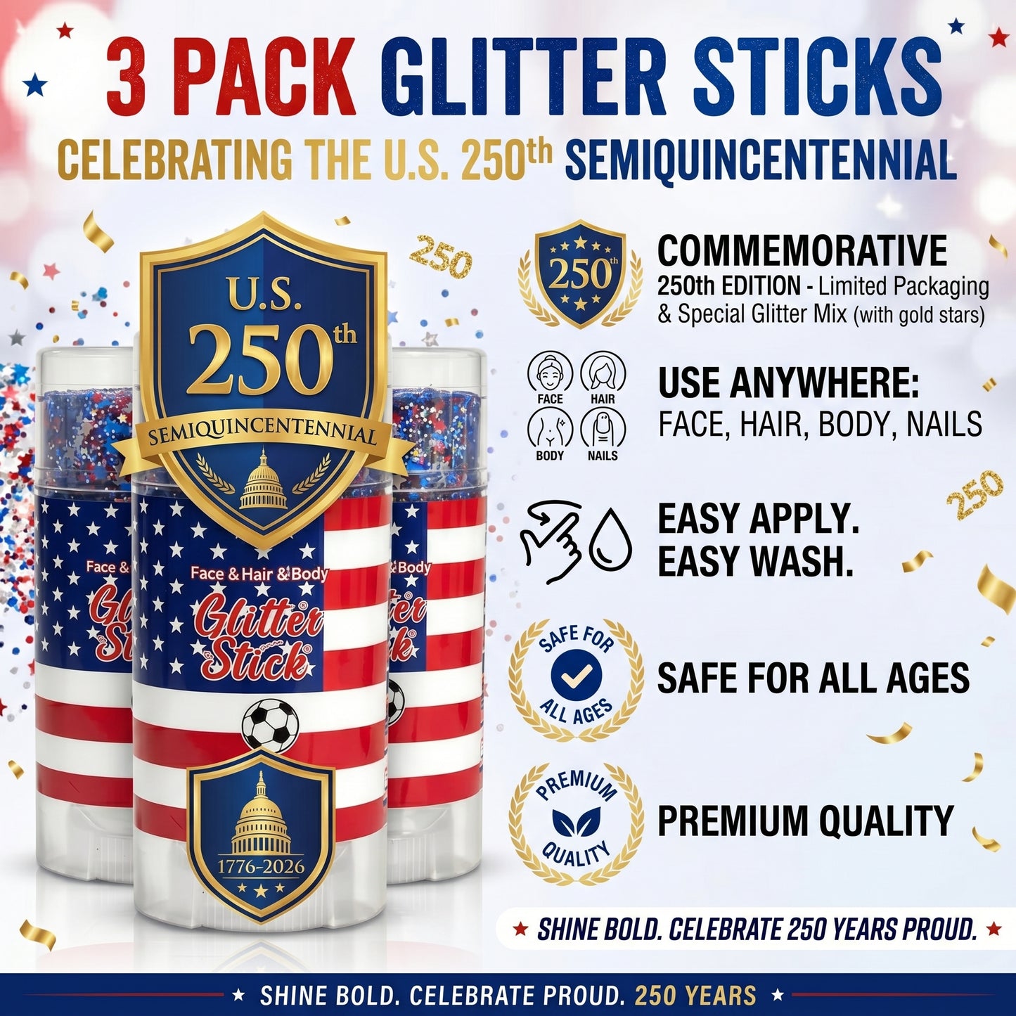 🦅4th of July Glitter Stick✨🔔Red, White & Blue Body & Hair Sparkle-edition