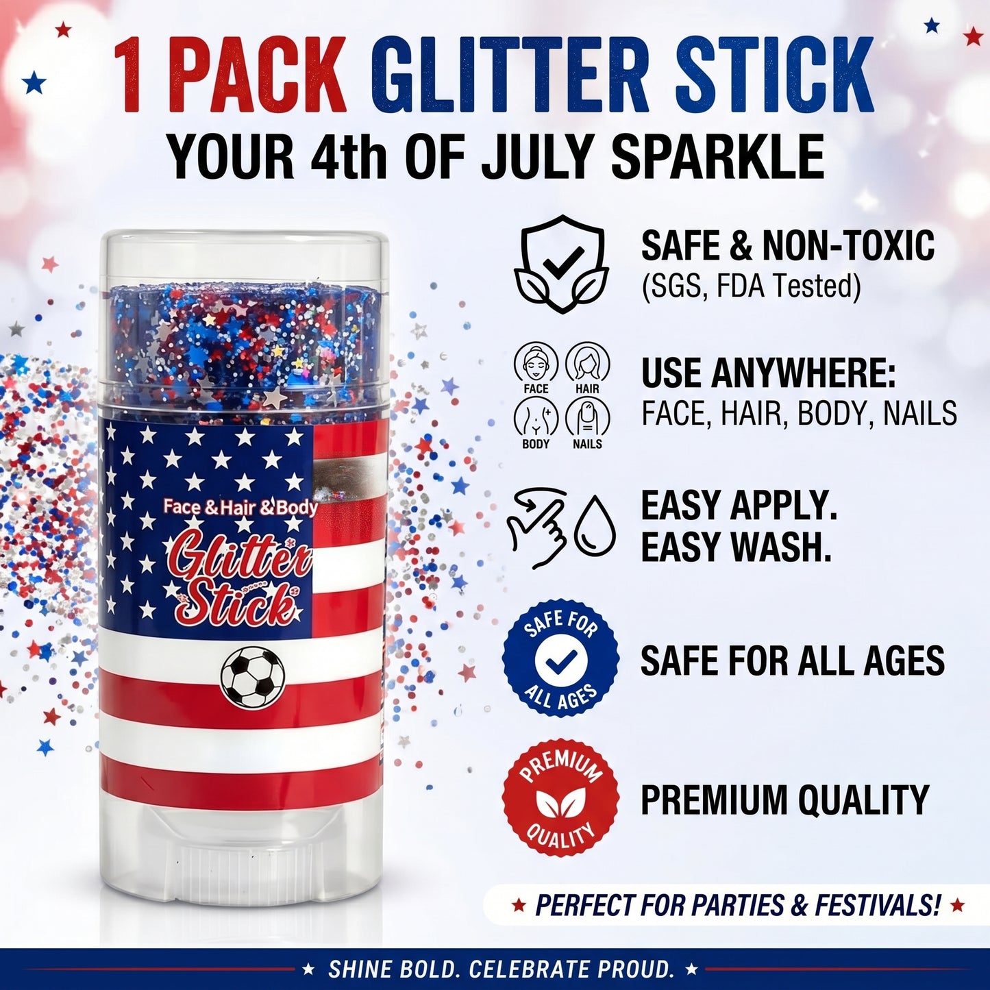 🦅4th of July Glitter Stick✨🔔Red, White & Blue Body & Hair Sparkle-edition