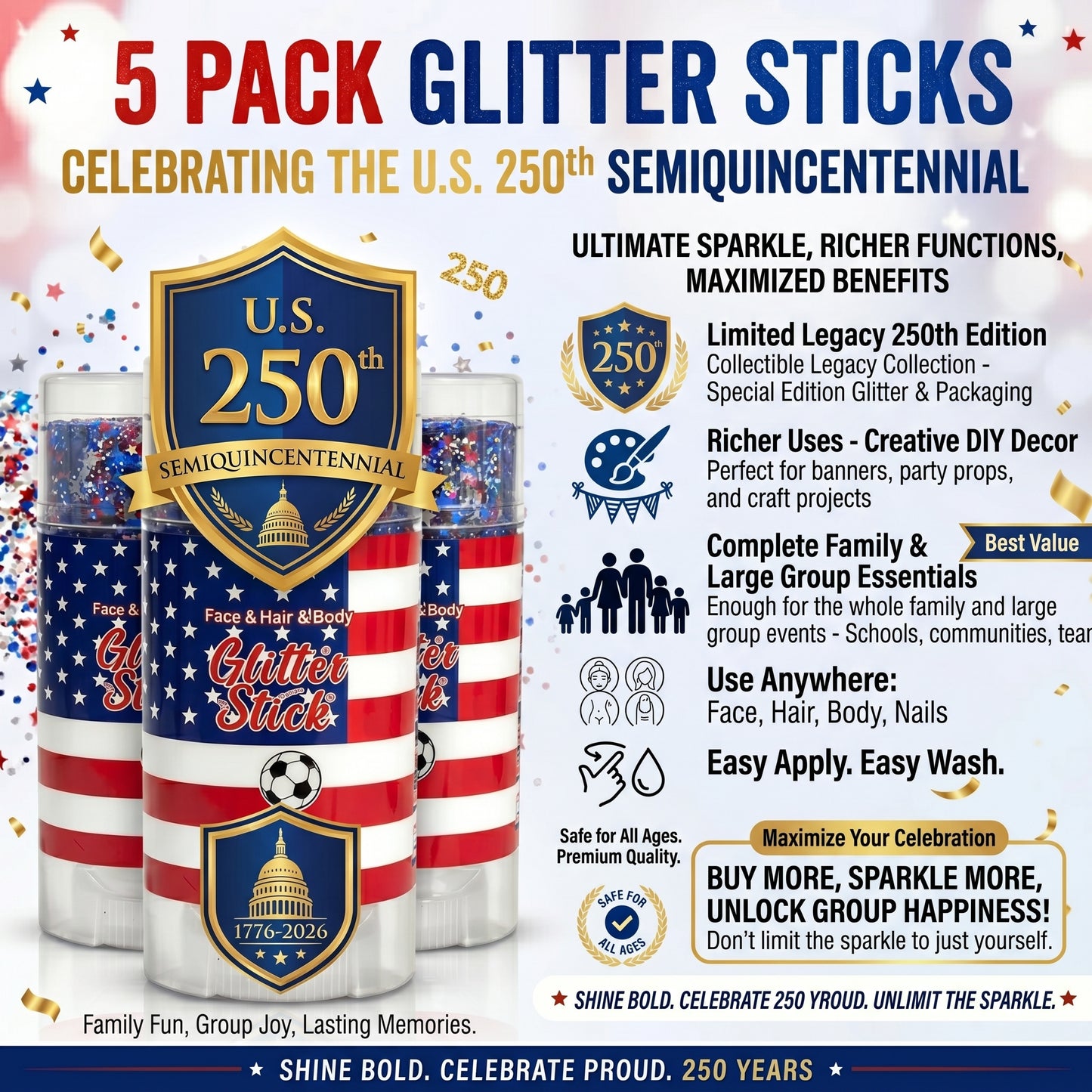 🦅4th of July Glitter Stick✨🔔Red, White & Blue Body & Hair Sparkle-edition