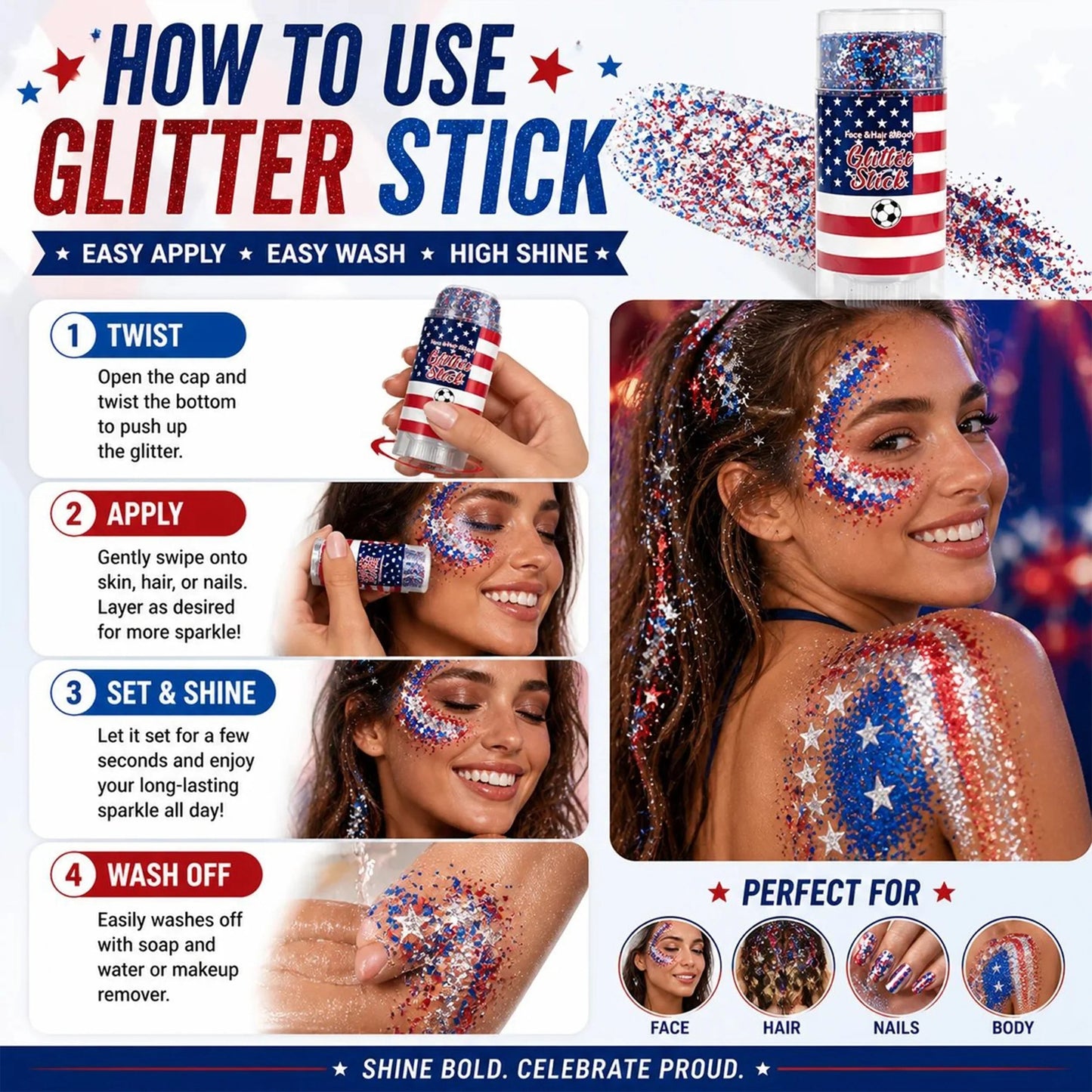 🦅4th of July Glitter Stick✨🔔Red, White & Blue Body & Hair Sparkle-edition