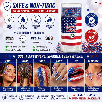 🦅4th of July Glitter Stick✨🔔Red, White & Blue Body & Hair Sparkle-edition